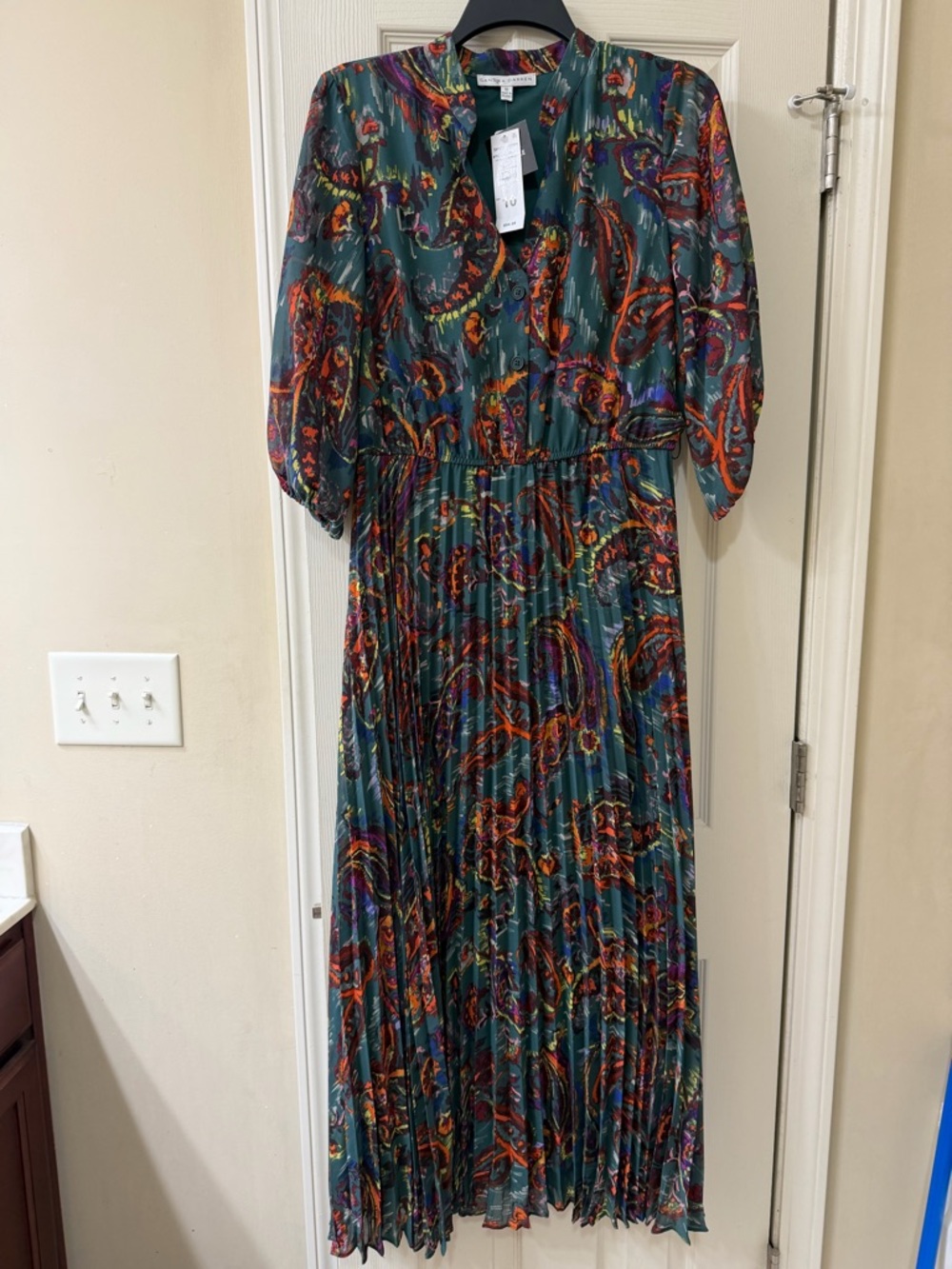 Sandra Darren Teal Paisley Pleated Maxi Dress